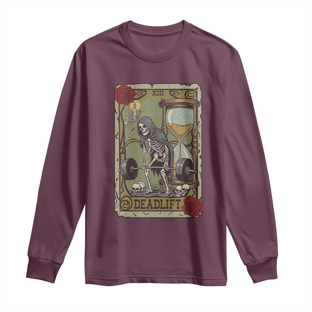 Funny Tarot Card Deadlifts Gym Workout Skeleton Long Sleeve Shirt TS11 Maroon Print Your Wear