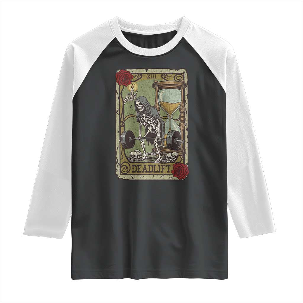 Funny Tarot Card Deadlifts Gym Workout Skeleton Raglan Shirt TS11 Black White Print Your Wear