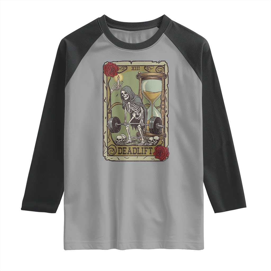 Funny Tarot Card Deadlifts Gym Workout Skeleton Raglan Shirt TS11 Sport Gray Black Print Your Wear