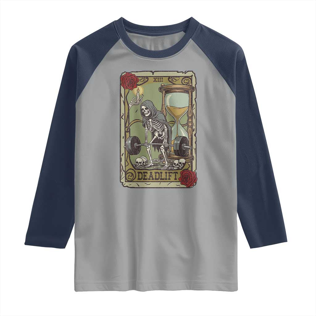 Funny Tarot Card Deadlifts Gym Workout Skeleton Raglan Shirt TS11 Sport Gray Navy Print Your Wear