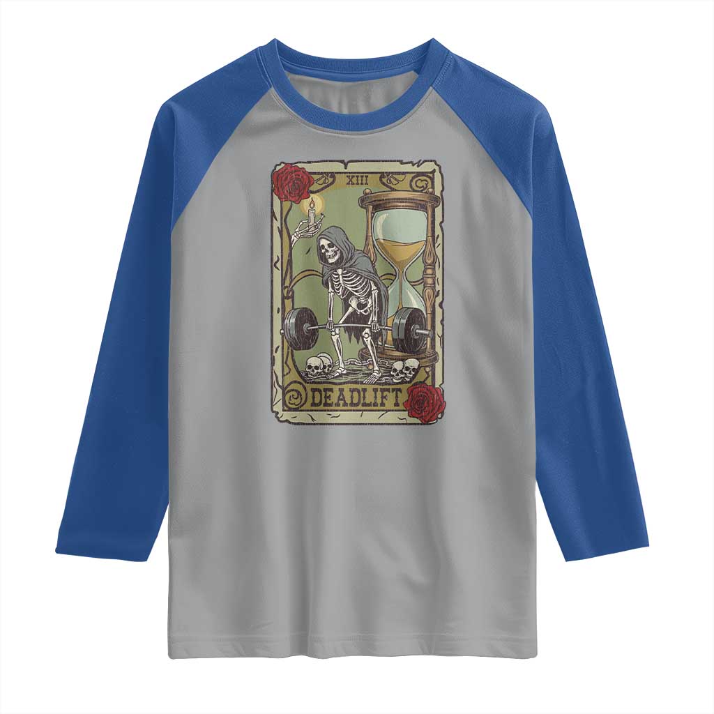Funny Tarot Card Deadlifts Gym Workout Skeleton Raglan Shirt TS11 Sport Gray Royal Print Your Wear