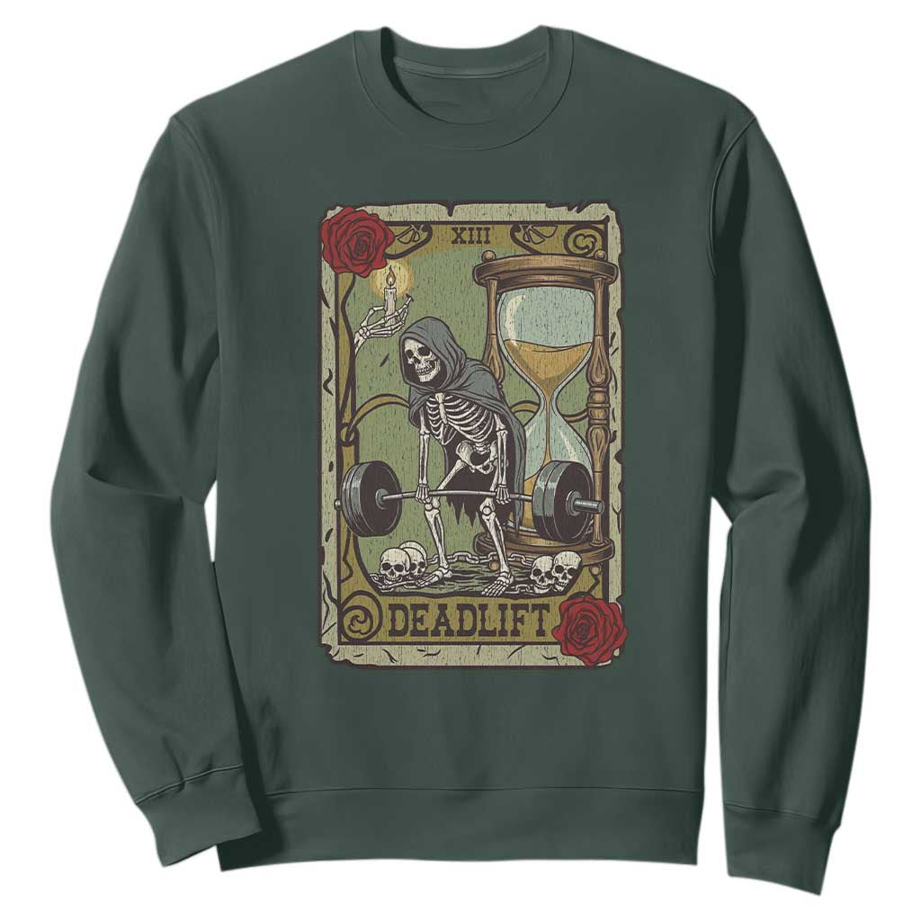 Funny Tarot Card Deadlifts Gym Workout Skeleton Sweatshirt TS11 Dark Forest Green Print Your Wear