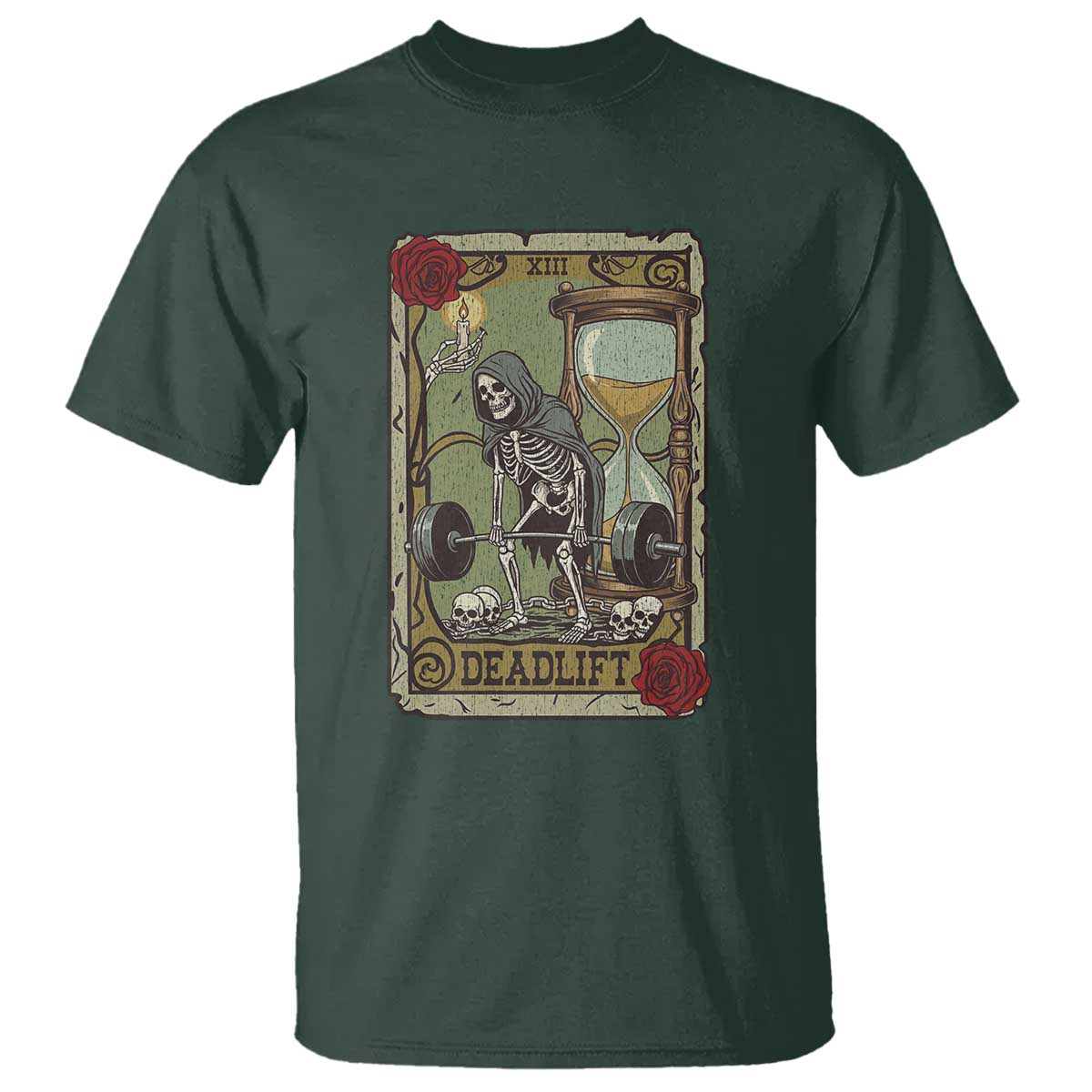 Funny Tarot Card Deadlifts Gym Workout Skeleton T Shirt TS11 Dark Forest Green Print Your Wear