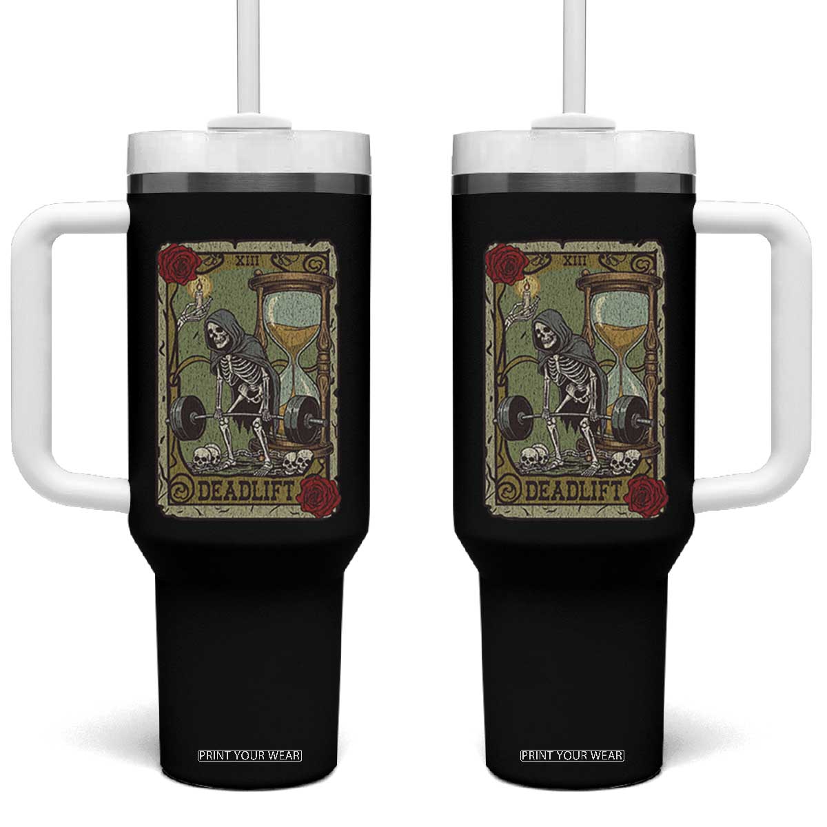 Funny Tarot Card Deadlifts Gym Workout Skeleton Tumbler With Handle TS11 One Size: 40 oz Black Print Your Wear