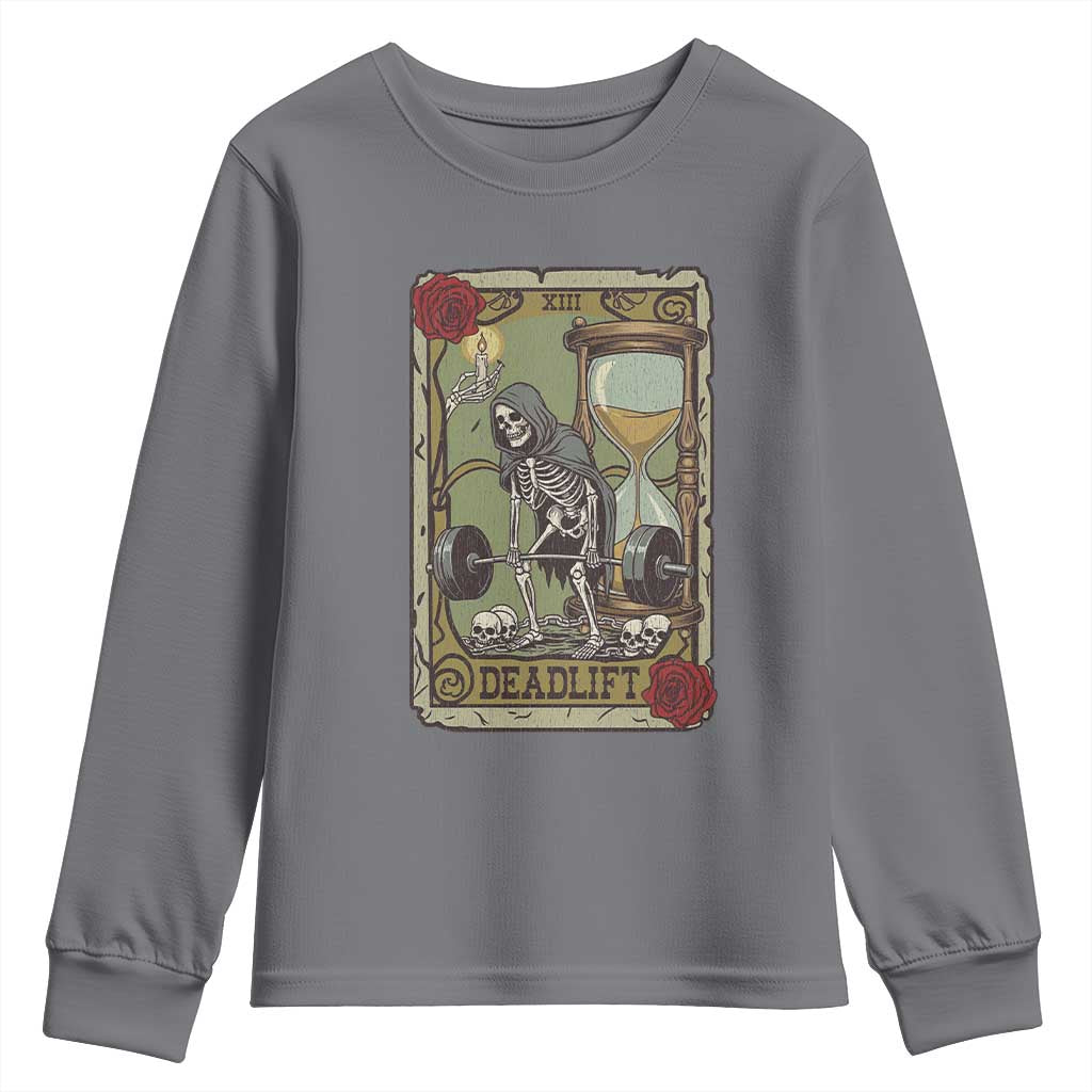 Funny Tarot Card Deadlifts Gym Workout Skeleton Youth Sweatshirt TS11 Charcoal Print Your Wear