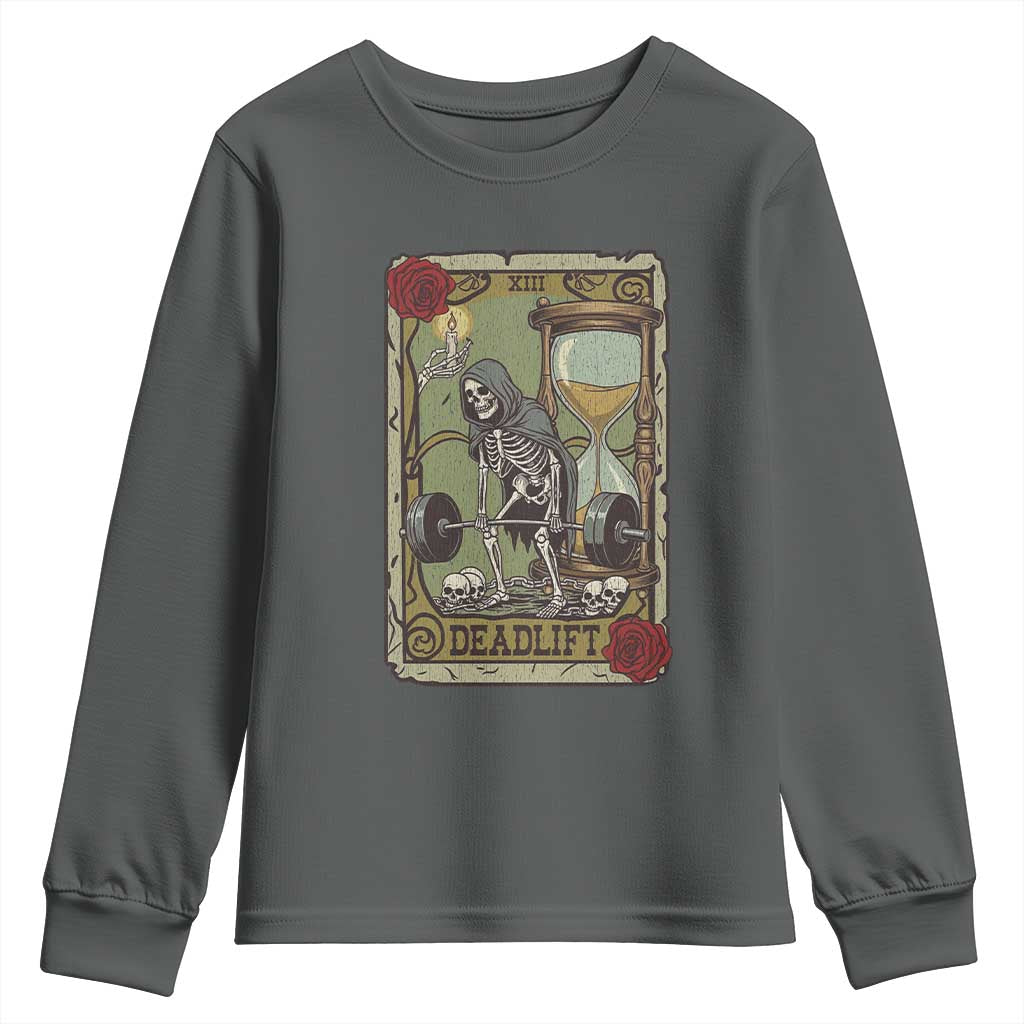 Funny Tarot Card Deadlifts Gym Workout Skeleton Youth Sweatshirt TS11 Dark Heather Print Your Wear
