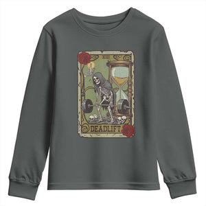 Funny Tarot Card Deadlifts Gym Workout Skeleton Youth Sweatshirt TS11 Dark Heather Print Your Wear