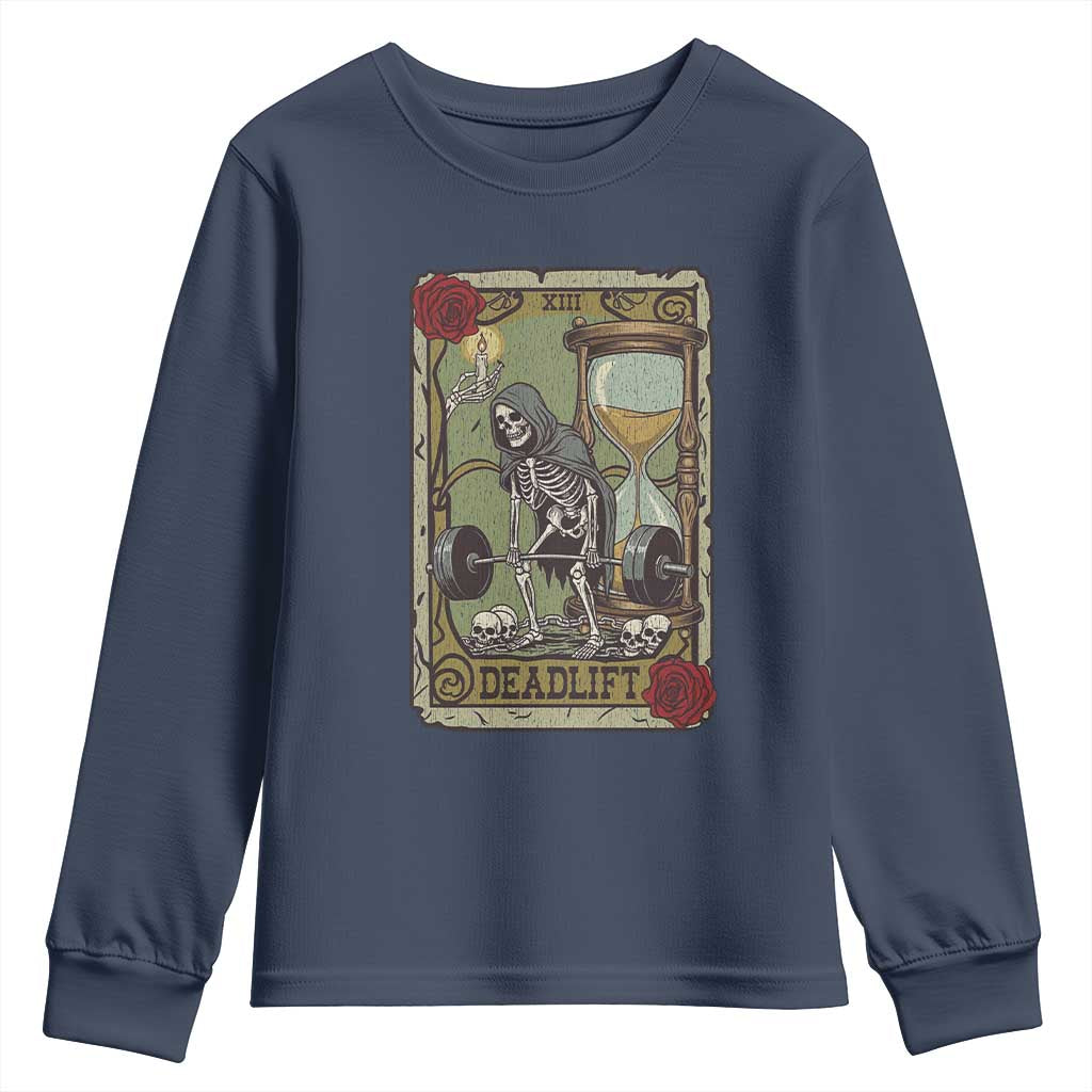 Funny Tarot Card Deadlifts Gym Workout Skeleton Youth Sweatshirt TS11 Navy Print Your Wear