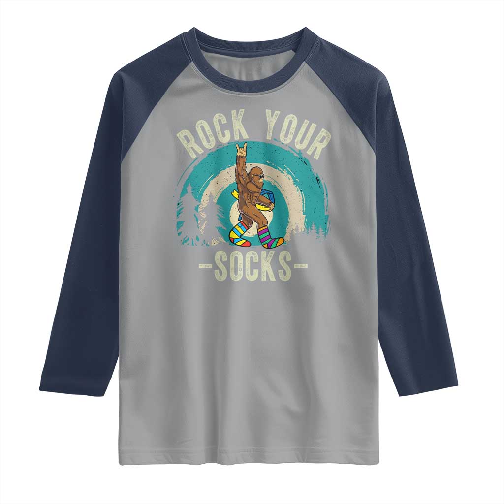 Funny Down Syndrome Awareness Bigfoot Raglan Shirt Rock Your Socks TS11 Sport Gray Navy Print Your Wear