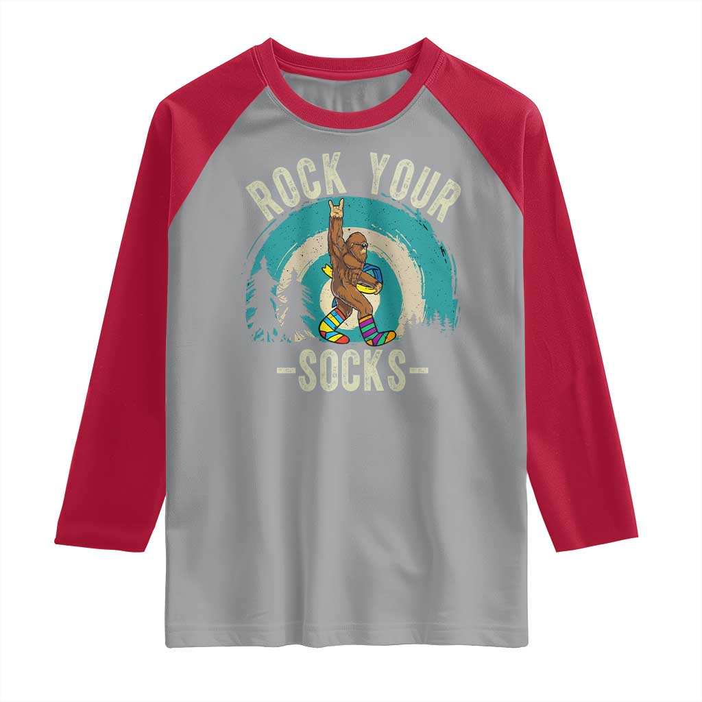 Funny Down Syndrome Awareness Bigfoot Raglan Shirt Rock Your Socks TS11 Sport Gray Red Print Your Wear