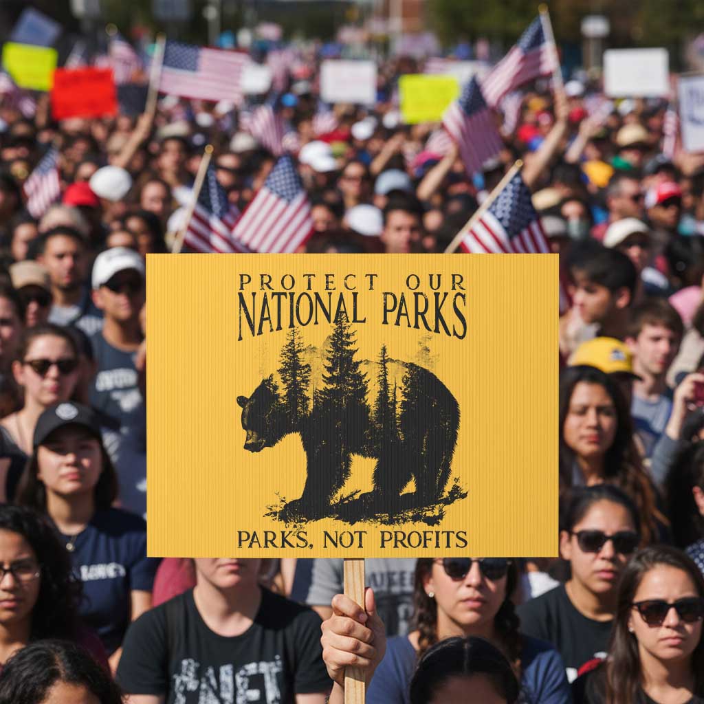 Protect Our National Parks Not Profits Protest Sign Vintage Forest Bear TS11 Horizontal 18
