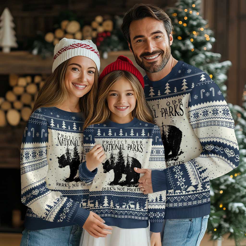 Protect Our National Parks Not Profits Ugly Christmas Sweater Vintage Forest Bear TS11 Beige Navy Print Your Wear