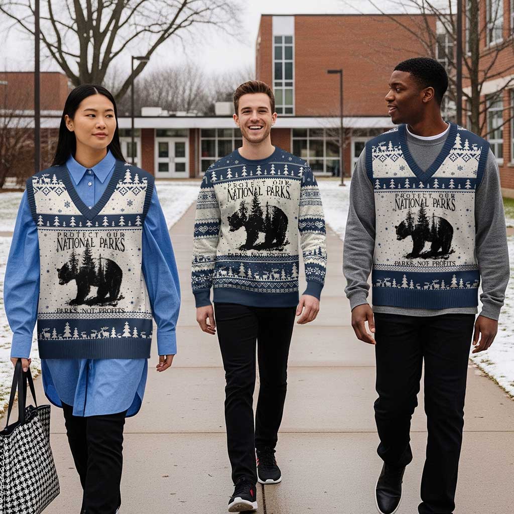 Protect Our National Parks Not Profits V-Neck Knit Sweater Vest Vintage Forest Bear TS11 Beige Navy Print Your Wear