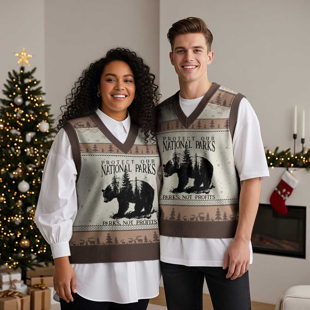 Protect Our National Parks Not Profits V-Neck Knit Sweater Vest Vintage Forest Bear TS11 Mocha Mousse Print Your Wear