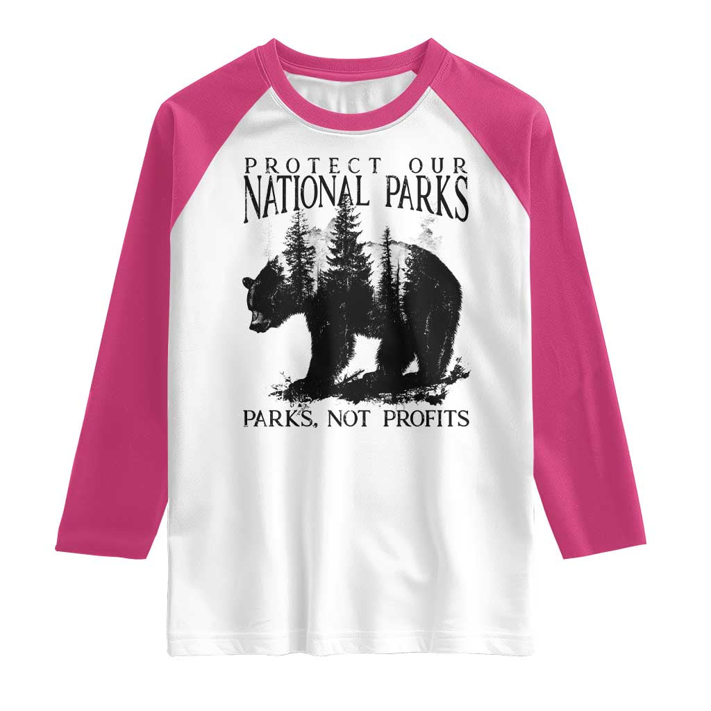 Protect Our National Parks Not Profits Raglan Shirt Vintage Forest Bear TS11 White Heliconia Print Your Wear
