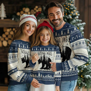 Protect Our National Parks Not Profits Knit Sweatshirt Vintage Forest Bear TS11 Navy Print Your Wear