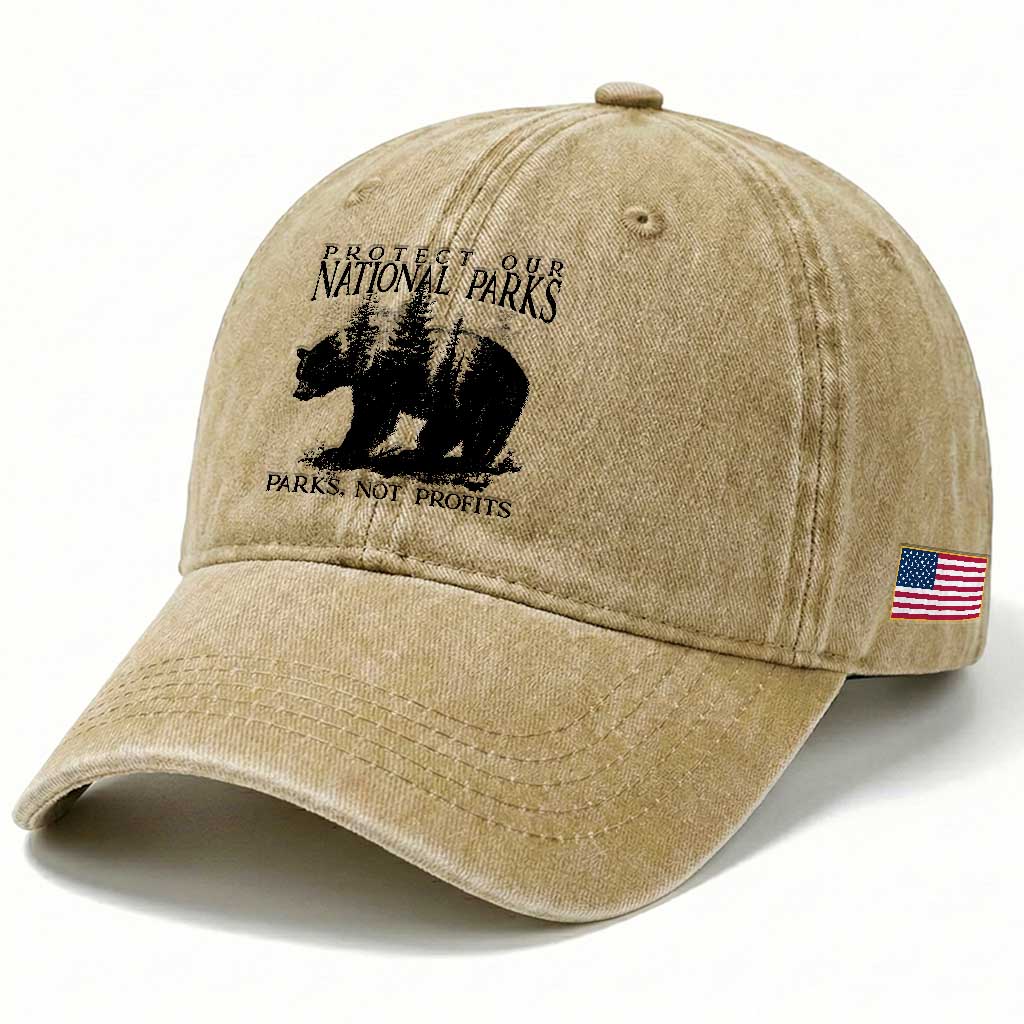 Protect Our National Parks Not Profits Washed Cotton Baseball Cap - Vintage Forest Bear TS11 Print Your Wear