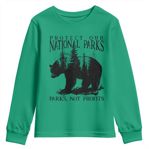 Protect Our National Parks Not Profits Youth Sweatshirt Vintage Forest Bear TS11 Irish Green Print Your Wear