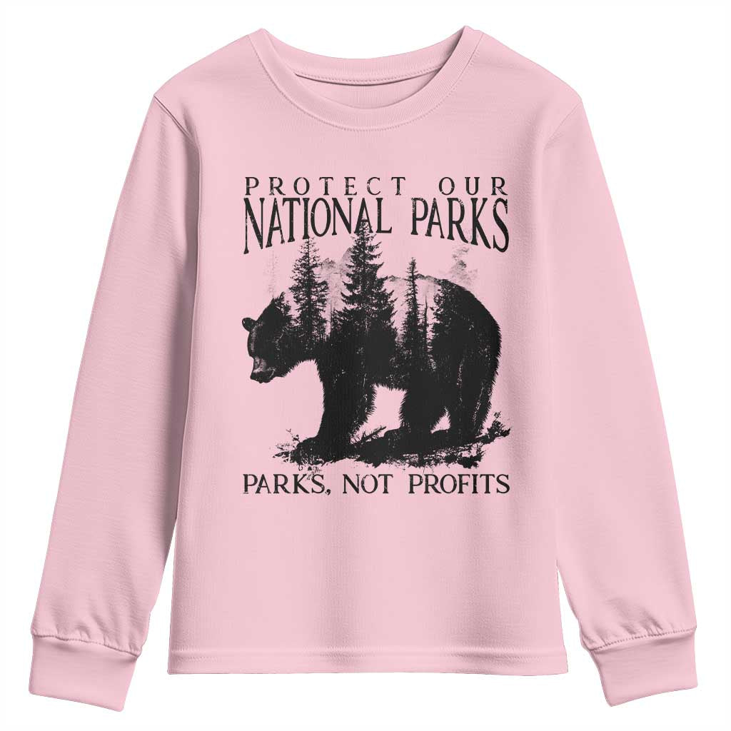 Protect Our National Parks Not Profits Youth Sweatshirt Vintage Forest Bear TS11 Light Pink Print Your Wear