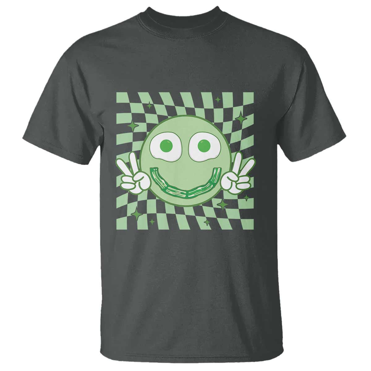 Funny Green Smile Face Eggs Bacon Breakfast St Patrick's Day T Shirt TS11 Dark Heather Print Your Wear