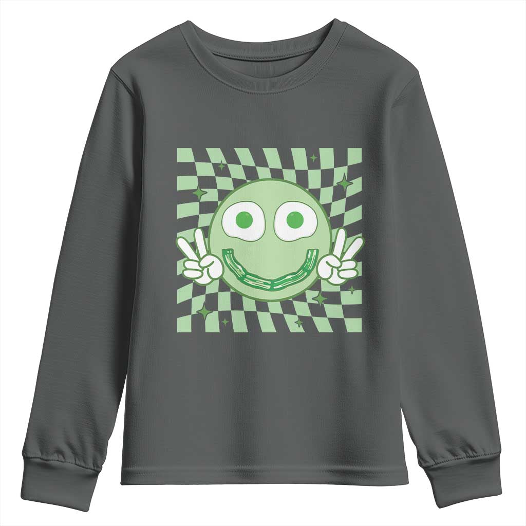 Funny Green Smile Face Eggs Bacon Breakfast St Patrick's Day Youth Sweatshirt TS11 Dark Heather Print Your Wear