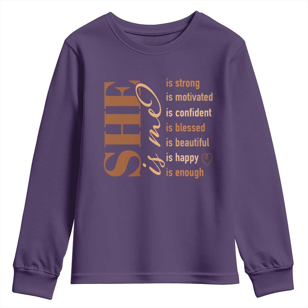 Woman Affirmation Youth Sweatshirt She Is Strong Motivated Confident Blessed Beautiful Melanin TS11 Purple Print Your Wear