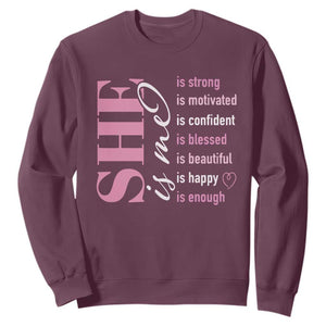 Woman Affirmation Sweatshirt She Is Strong Motivated Confident Blessed Beautiful TS11 Maroon Print Your Wear