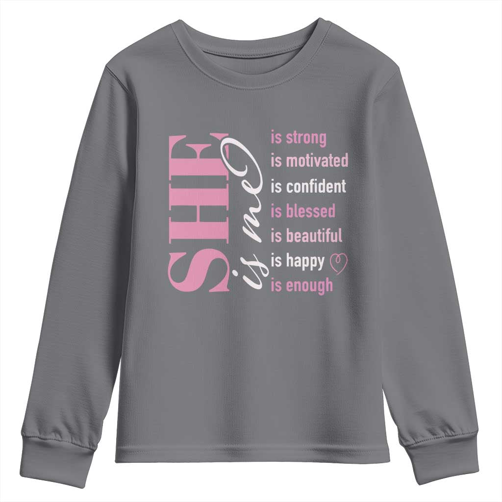 Woman Affirmation Youth Sweatshirt She Is Strong Motivated Confident Blessed Beautiful TS11 Charcoal Print Your Wear