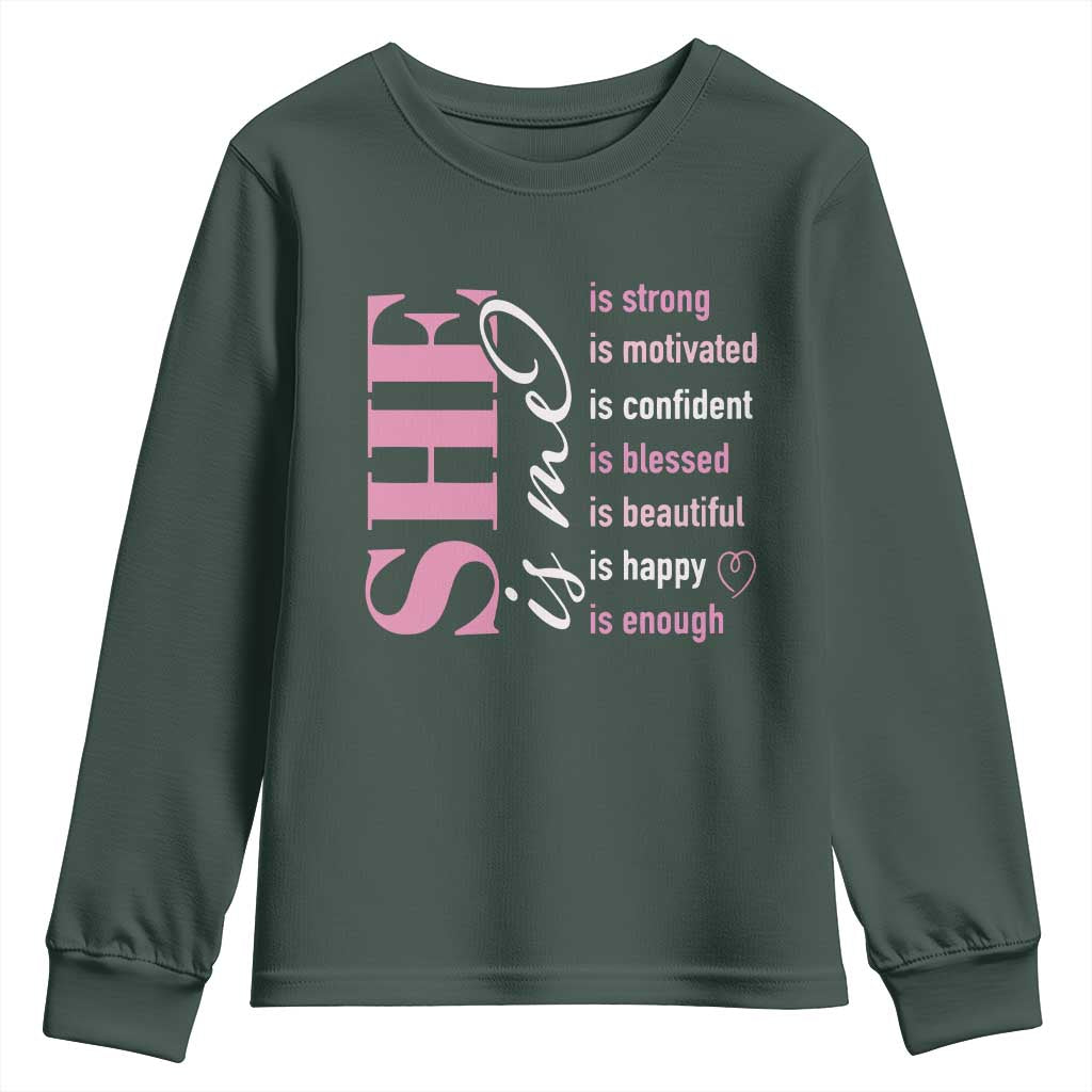 Woman Affirmation Youth Sweatshirt She Is Strong Motivated Confident Blessed Beautiful TS11 Dark Forest Green Print Your Wear