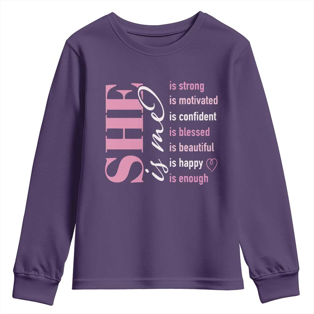 Woman Affirmation Youth Sweatshirt She Is Strong Motivated Confident Blessed Beautiful TS11 Purple Print Your Wear