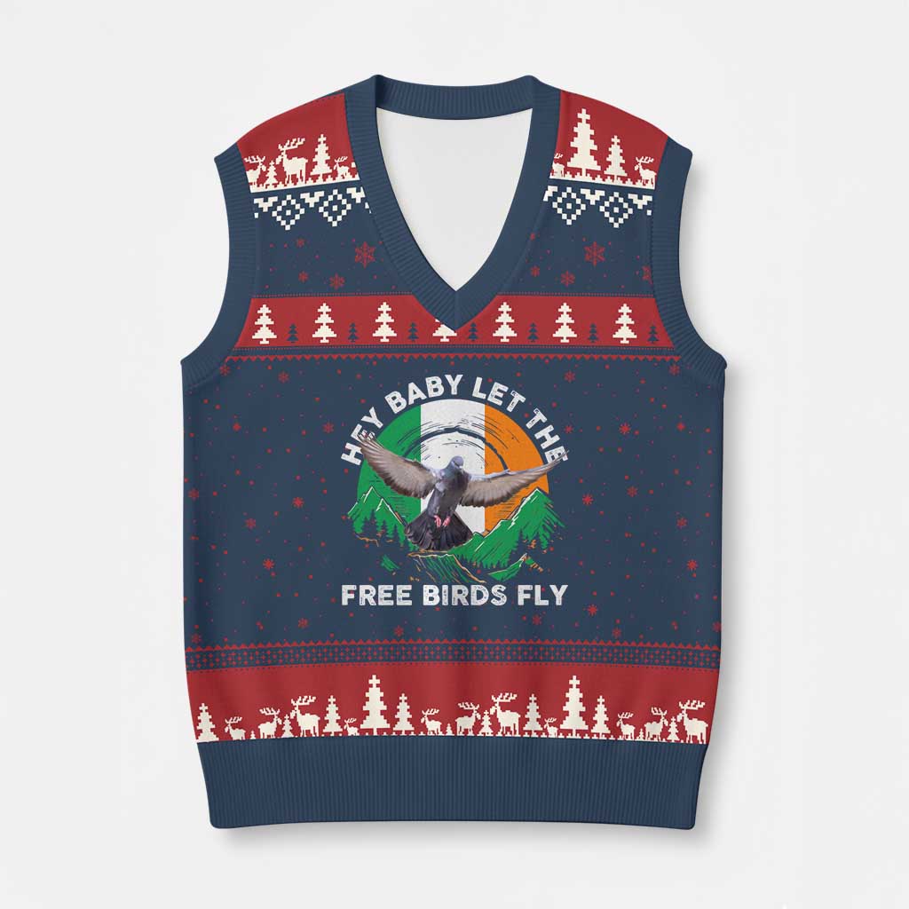 Irish Pride V-Neck Knit Sweater Vest Hey Baby Let The Free Birds Fly Ireland Flag TS11 Navy Red Print Your Wear