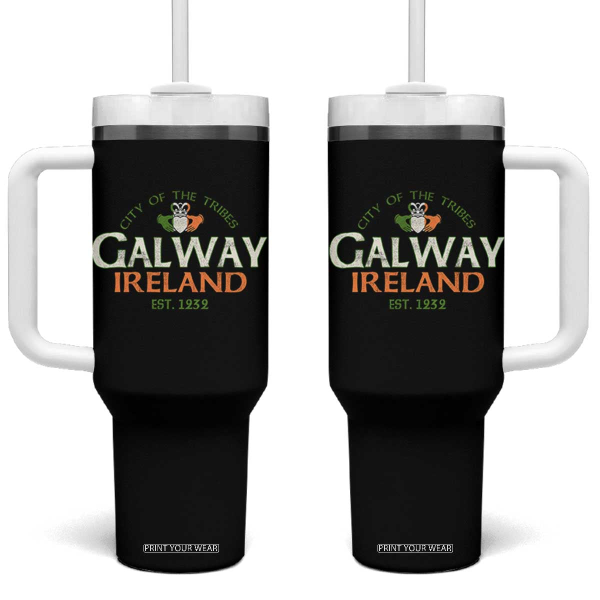 Claddagh Galway Ireland Tumbler With Handle City Of The Tribes Est 1232 TS11 One Size: 40 oz Black Print Your Wear