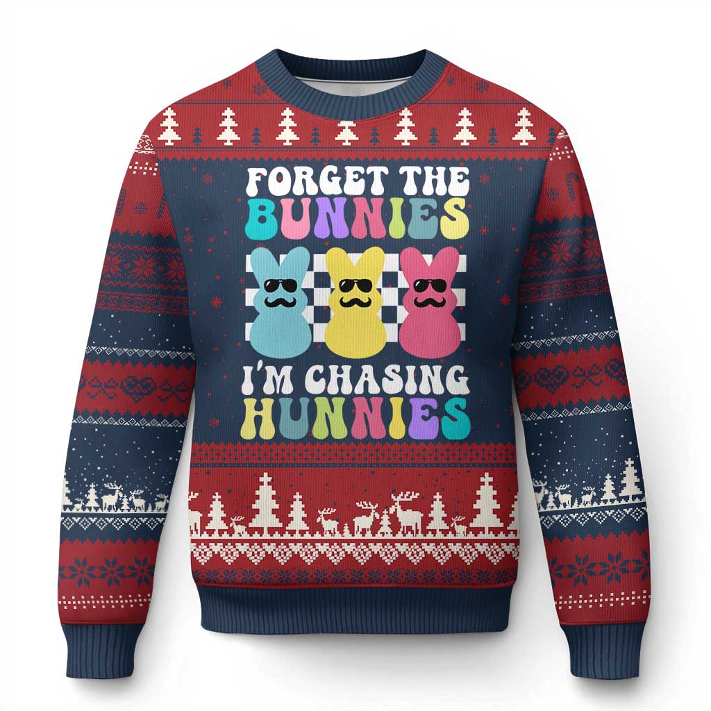 Funny Easter Forget The Bunnies I Am Chasing Hunnies Ugly Christmas Sweater TS11 Navy Red Print Your Wear