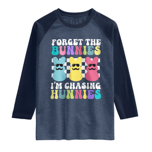 Funny Easter Forget The Bunnies I Am Chasing Hunnies Raglan Shirt TS11 Heather Denim Navy Print Your Wear