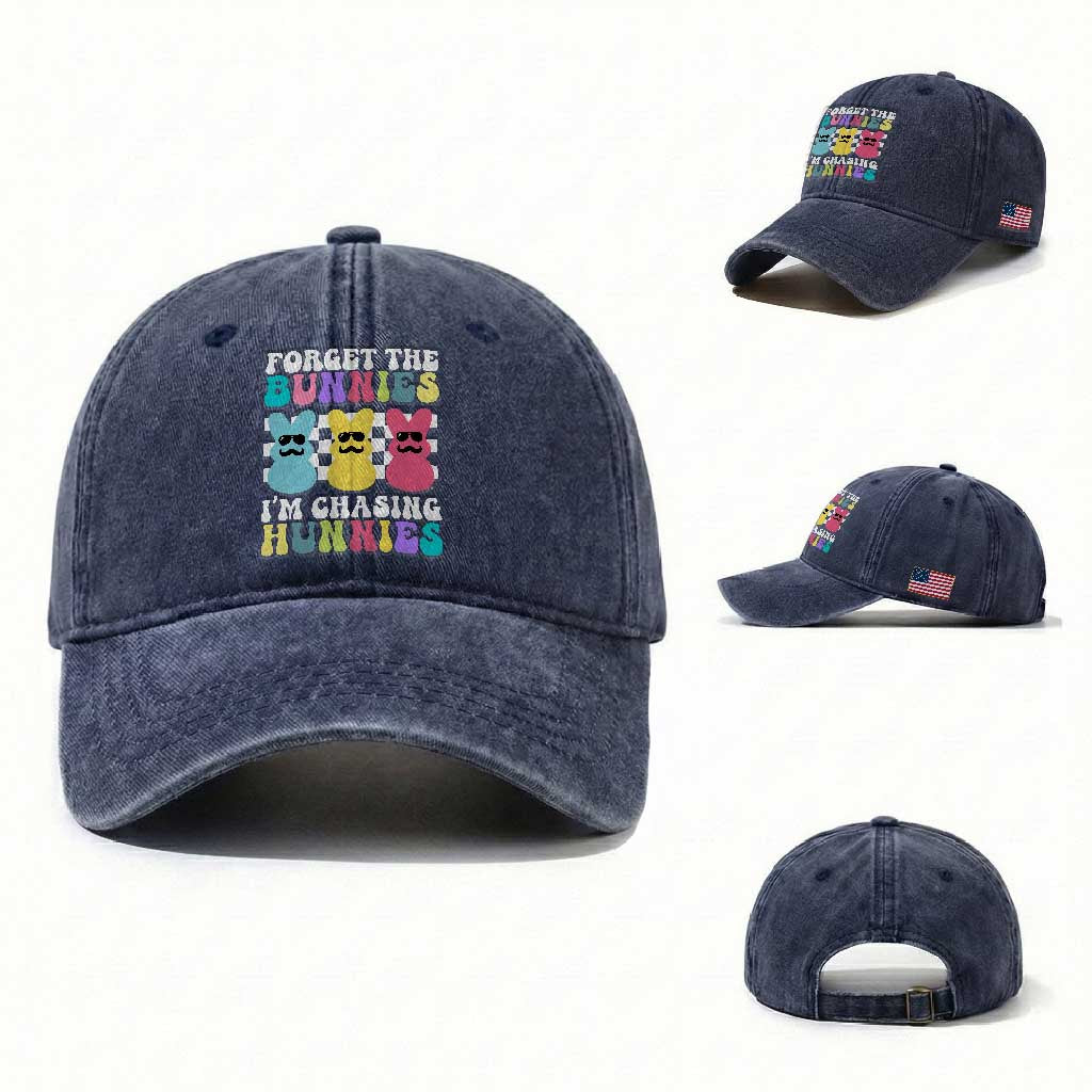 Funny Easter Forget The Bunnies I Am Chasing Hunnies Washed Cotton Baseball Cap TS11 Washed Cap Universal Fit Navy Print Your Wear