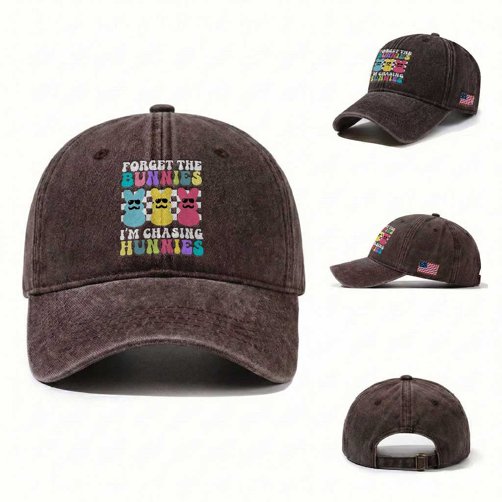 Funny Easter Forget The Bunnies I Am Chasing Hunnies Washed Cotton Baseball Cap TS11 Washed Cap Universal Fit Dark Brown Print Your Wear
