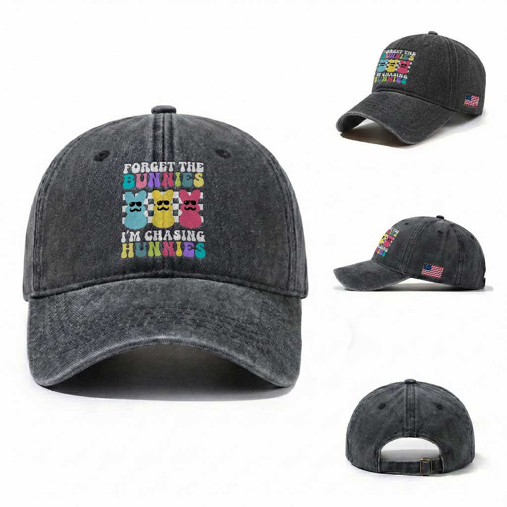 Funny Easter Forget The Bunnies I Am Chasing Hunnies Washed Cotton Baseball Cap TS11 Washed Cap Universal Fit Dark Gray Print Your Wear