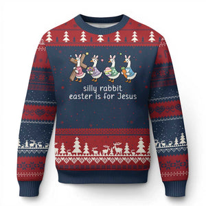 Funny Easter Day Silly Goose Ugly Christmas Sweater Silly Rabbit Easter Is For Jesus TS11 Navy Red Print Your Wear
