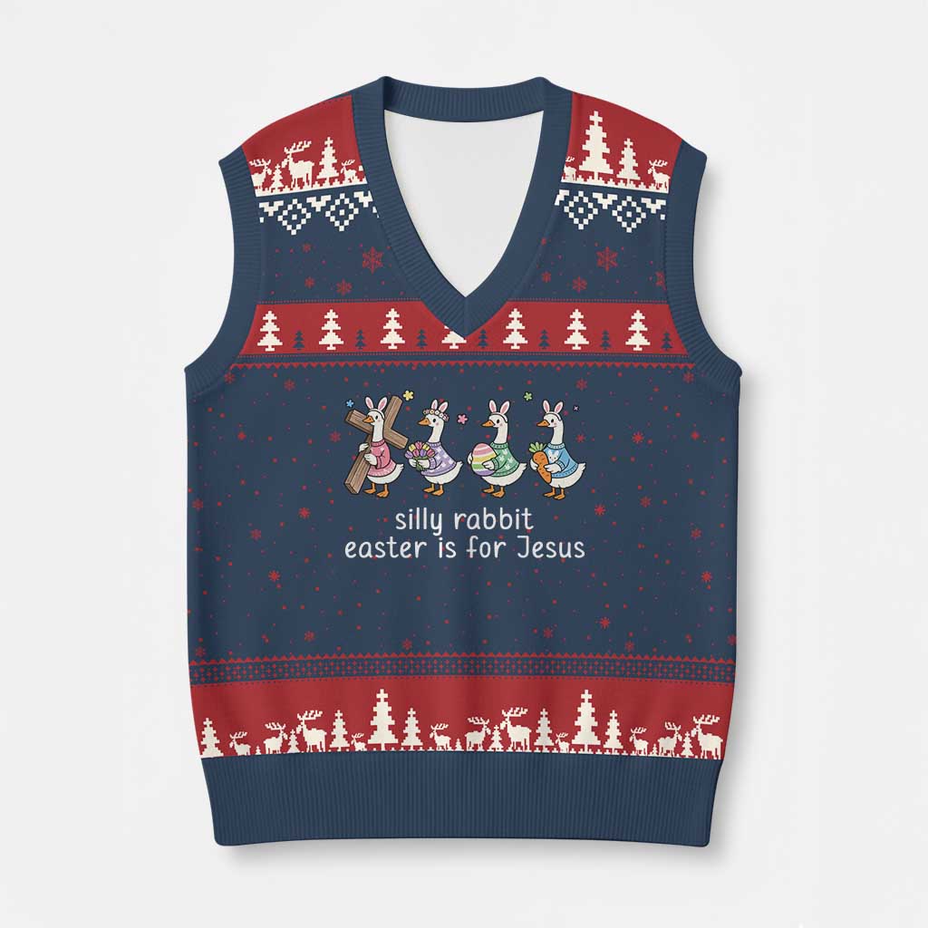 Funny Easter Day Silly Goose V-Neck Knit Sweater Vest Silly Rabbit Easter Is For Jesus TS11 Navy Red Print Your Wear