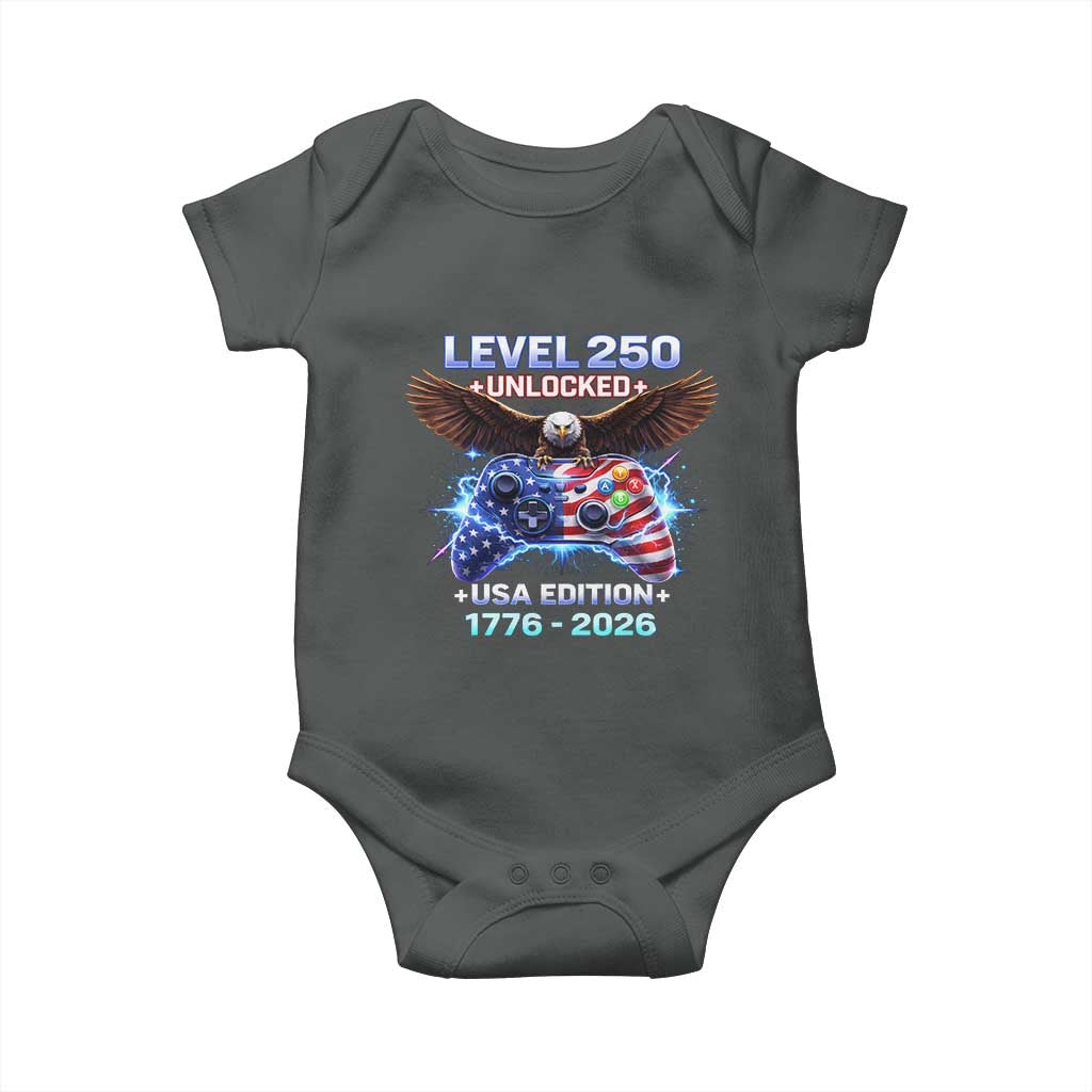 USA 250th Anniversary Gamer Baby Onesie Level 250 USA Edition 1776 2026 Bald Eagle TS11 Dark Heather Print Your Wear
