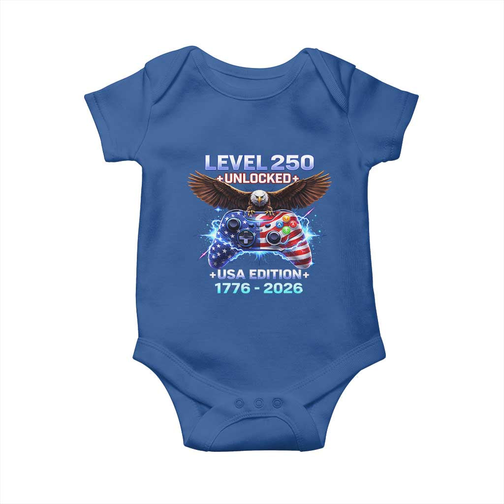USA 250th Anniversary Gamer Baby Onesie Level 250 USA Edition 1776 2026 Bald Eagle TS11 Royal Blue Print Your Wear