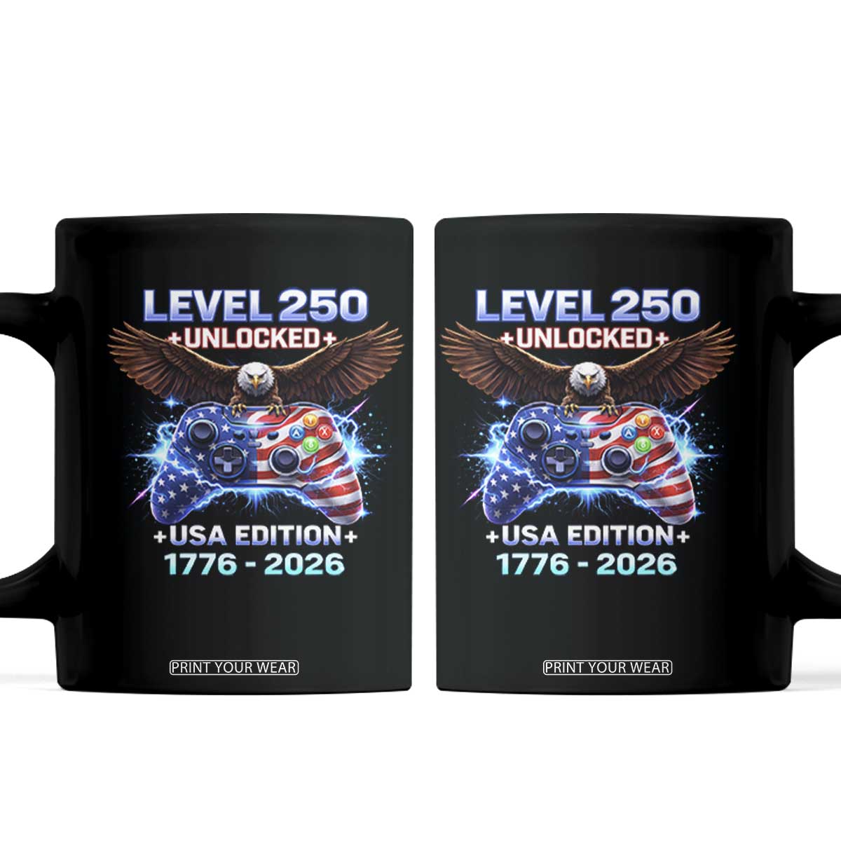 USA 250th Anniversary Gamer Coffee Mug Level 250 USA Edition 1776 2026 Bald Eagle TS11 Black Print Your Wear