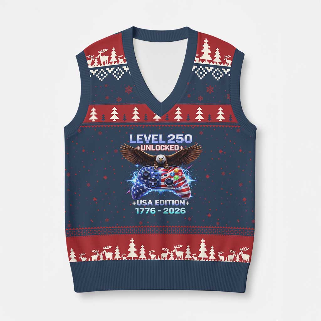 USA 250th Anniversary Gamer V-Neck Knit Sweater Vest Level 250 USA Edition 1776 2026 Bald Eagle TS11 Navy Red Print Your Wear
