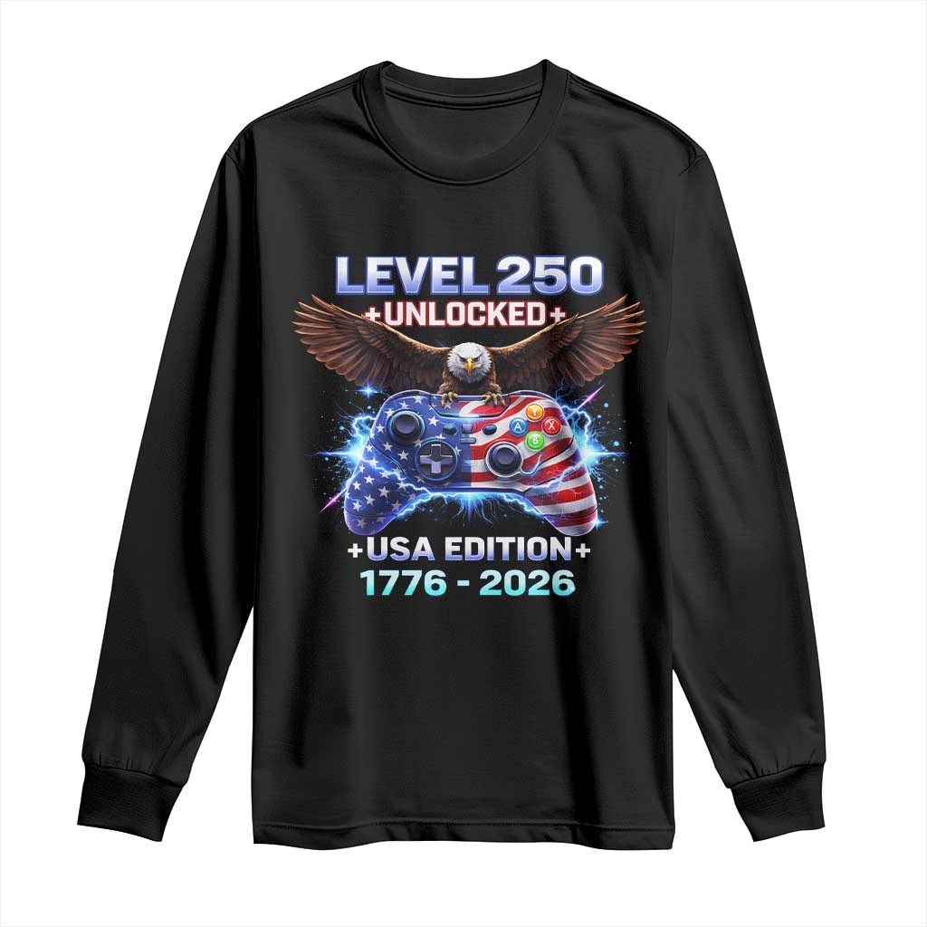 USA 250th Anniversary Gamer Long Sleeve Shirt Level 250 USA Edition 1776 2026 Bald Eagle TS11 Black Print Your Wear