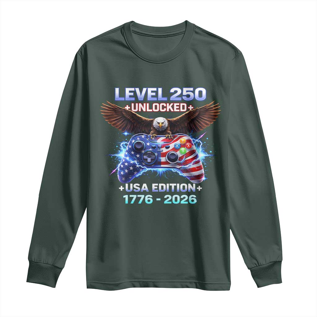 USA 250th Anniversary Gamer Long Sleeve Shirt Level 250 USA Edition 1776 2026 Bald Eagle TS11 Dark Forest Green Print Your Wear