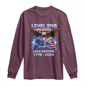 USA 250th Anniversary Gamer Long Sleeve Shirt Level 250 USA Edition 1776 2026 Bald Eagle TS11 Maroon Print Your Wear