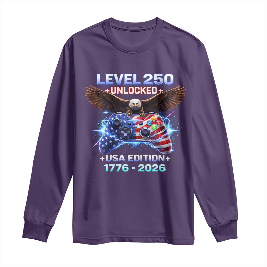 USA 250th Anniversary Gamer Long Sleeve Shirt Level 250 USA Edition 1776 2026 Bald Eagle TS11 Purple Print Your Wear