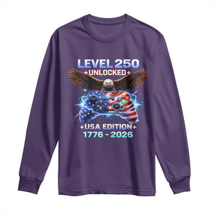USA 250th Anniversary Gamer Long Sleeve Shirt Level 250 USA Edition 1776 2026 Bald Eagle TS11 Purple Print Your Wear