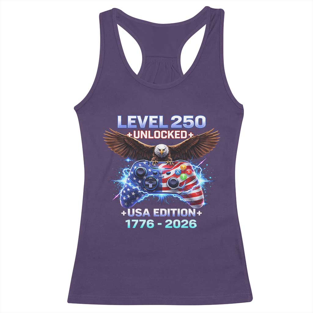 USA 250th Anniversary Gamer Racerback Tank Top Level 250 USA Edition 1776 2026 Bald Eagle TS11 Purple Print Your Wear