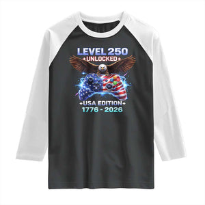 USA 250th Anniversary Gamer Raglan Shirt Level 250 USA Edition 1776 2026 Bald Eagle TS11 Black White Print Your Wear